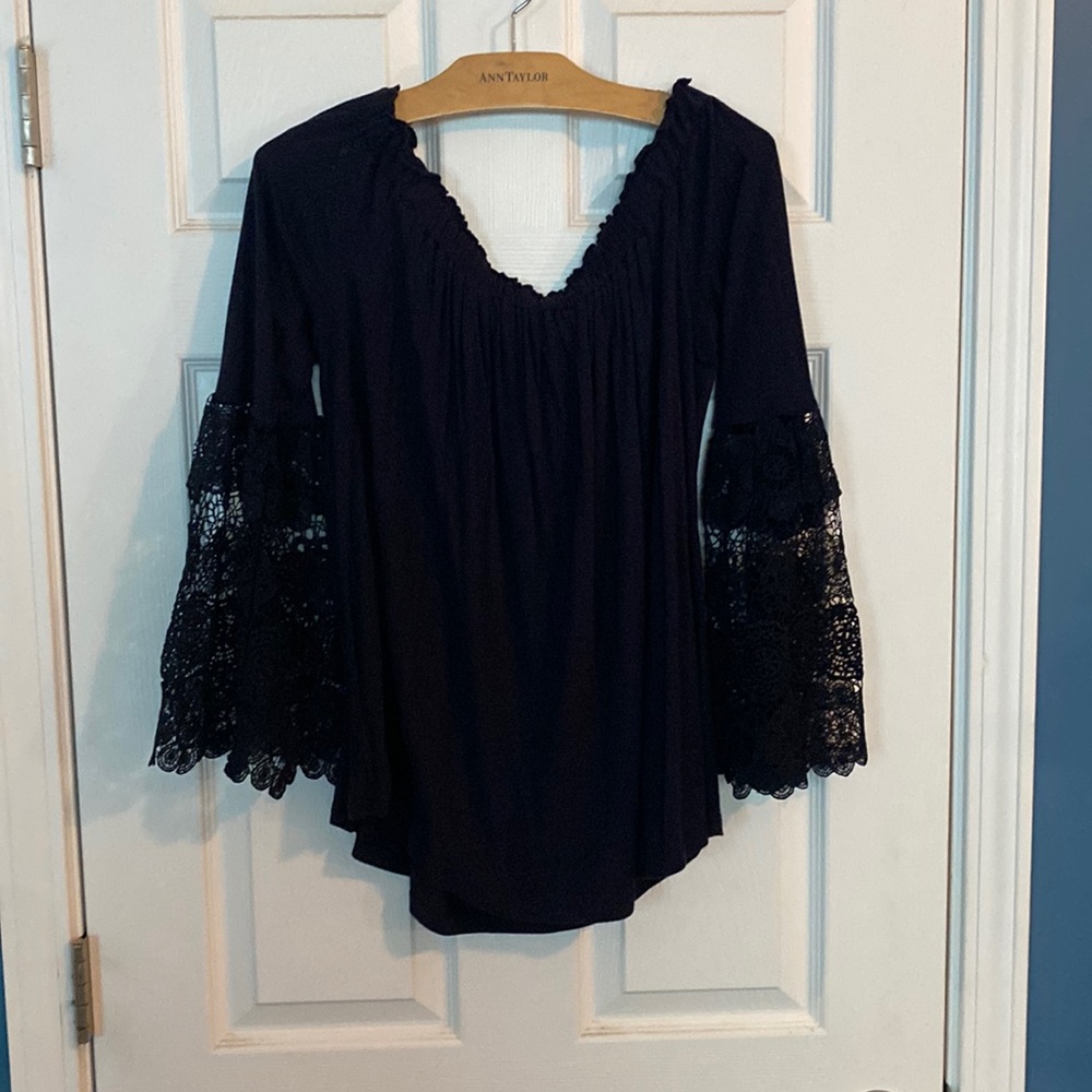 Large LOFT off shoulder Navy Blue top with lace bell sleeves